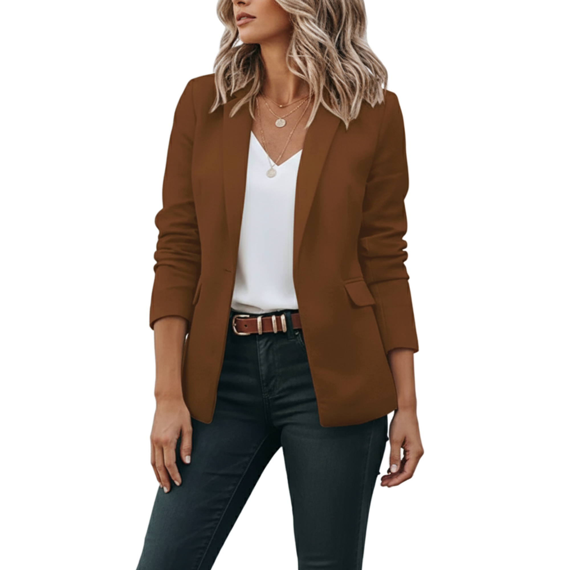 Tailored Open Front Blazer, Structured Collar, Notched Lapel, Lightly Gathered Sleeves, Hip Length Casual Jacket