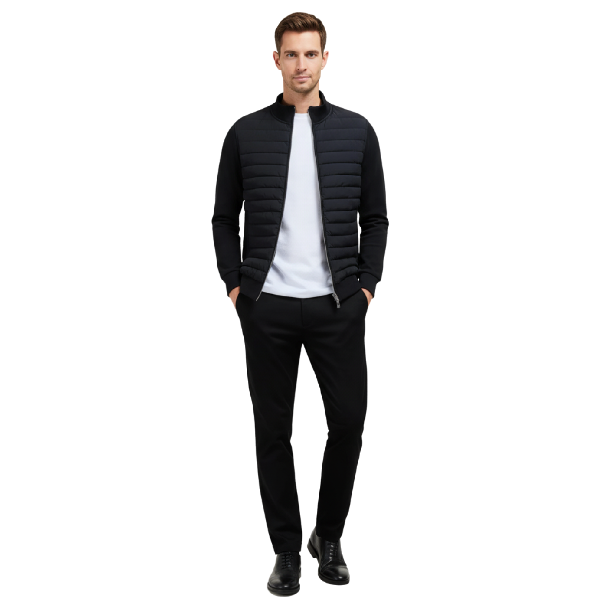 Men's Premium Hybrid Puffer Jacket, Slim Fit Quilted Front with Soft-Touch Jersey Sleeves, Ribbed Funnel Neck, Lightweight & Breathable, Ideal for City & Weekend