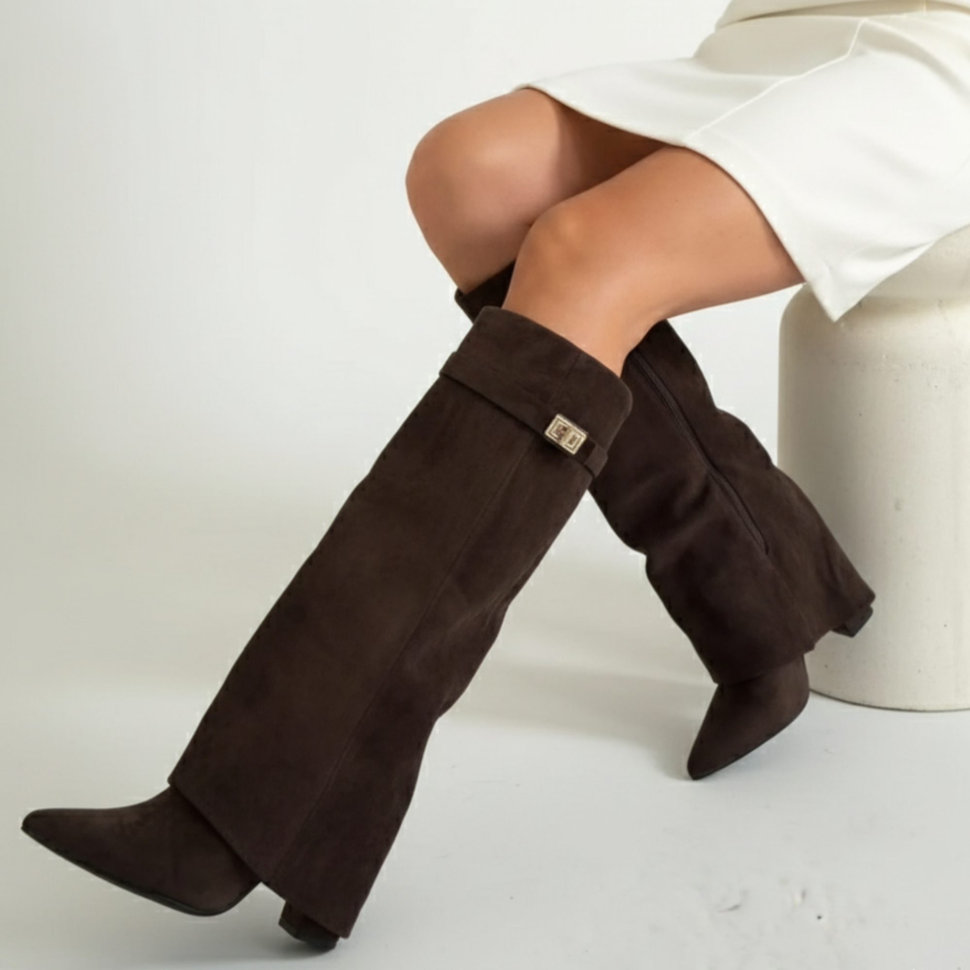Fall Wide-Leg Tall Boots | Faux Suede Pointed Toe with Side Zipper & Minimal Strap Detail, Trendy Autumn Footwear