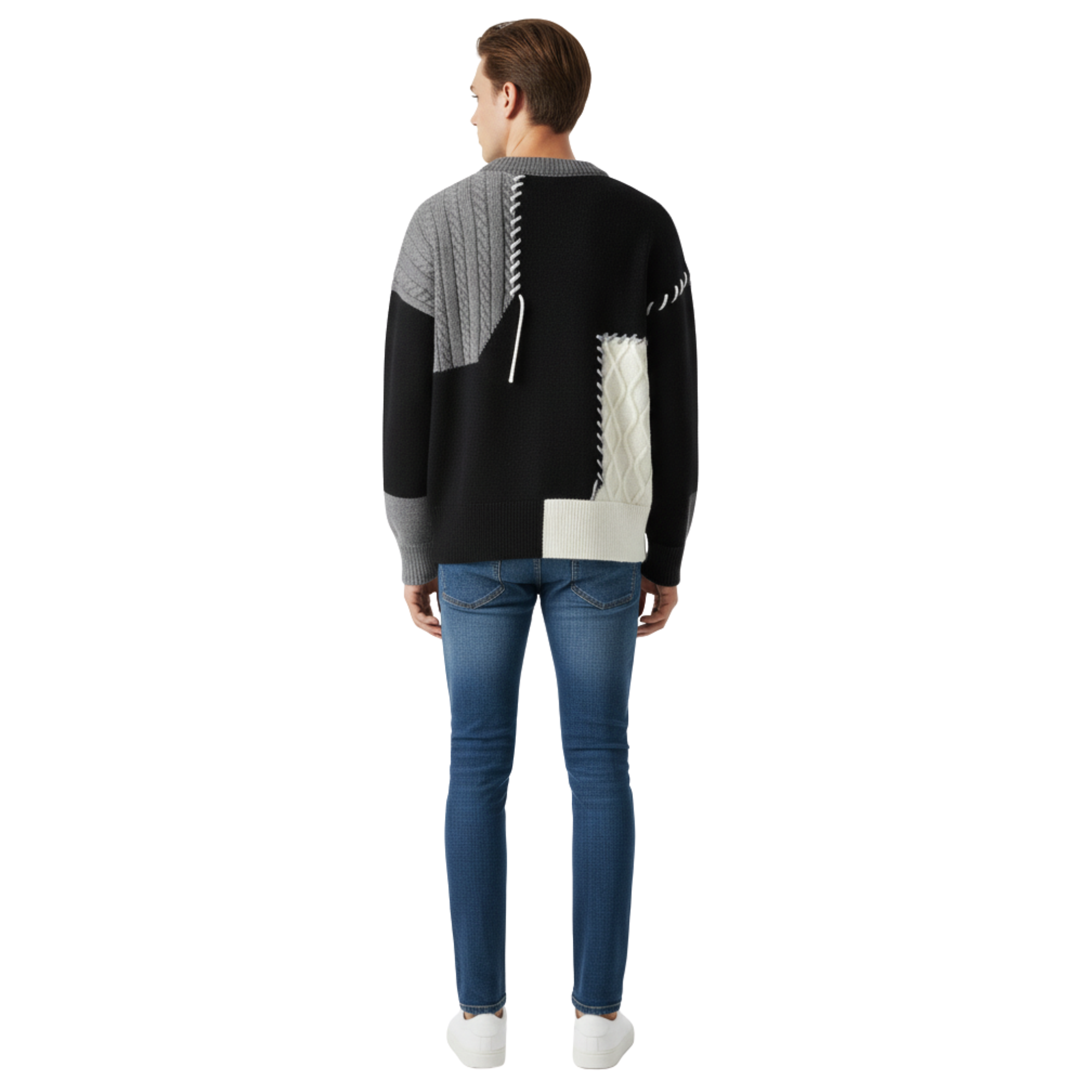 Handmade Funky Patchwork Sweater, Eclectic Patterned Acrylic Knit, Cozy O-Neck Design, Winter Statement Piece for Unique Style and Warmth