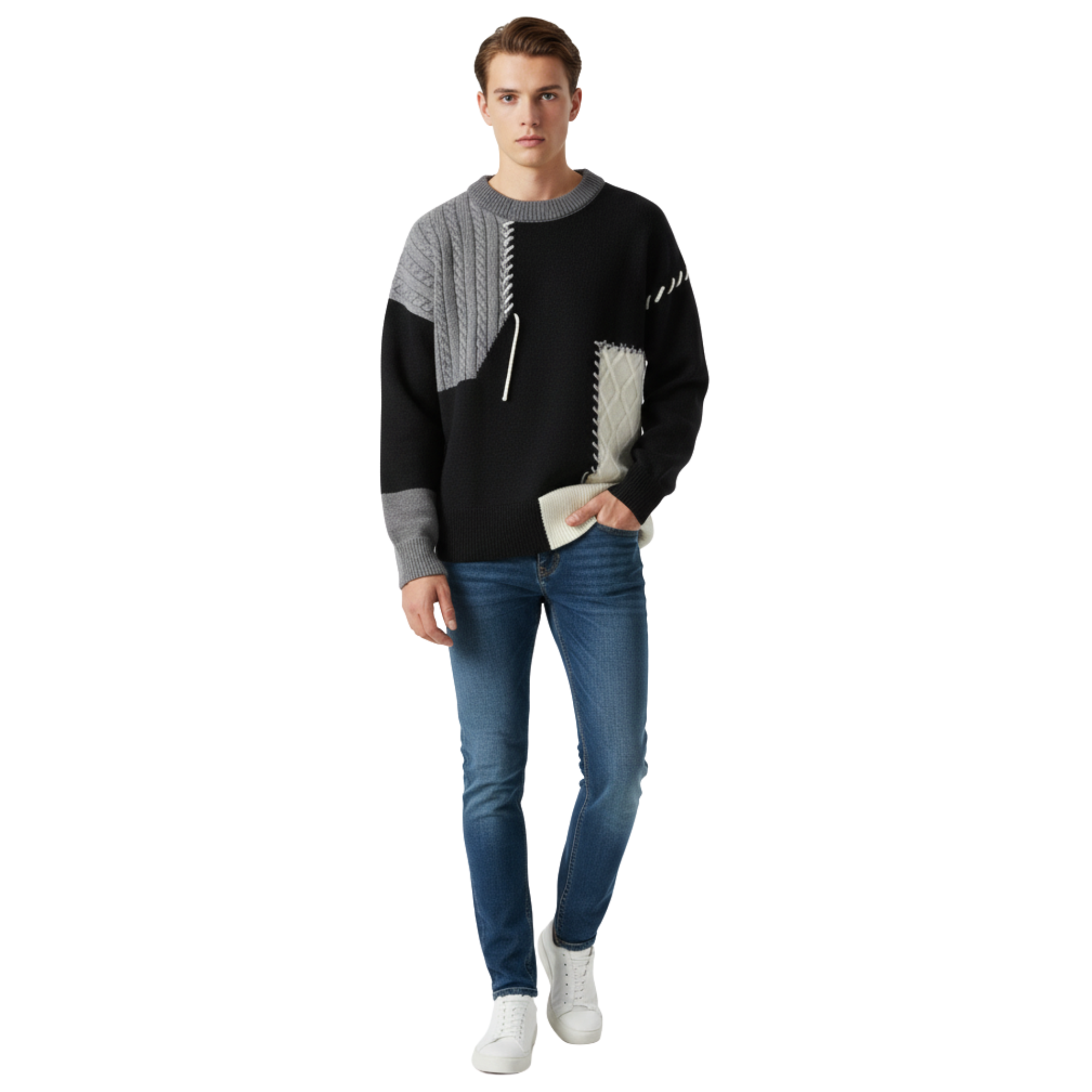 Handmade Funky Patchwork Sweater, Eclectic Patterned Acrylic Knit, Cozy O-Neck Design, Winter Statement Piece for Unique Style and Warmth