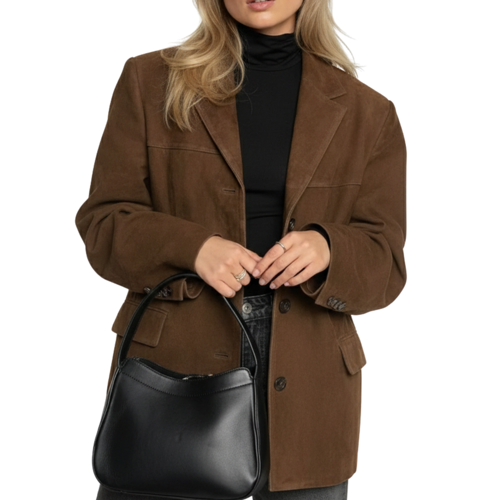 Fall Suede Buttoned Jacket | Tailored Straight-Cut Jacket with Long Sleeves & Pointed Collar, Ideal for Layering in Autumn Tones, Seasonal Outerwear