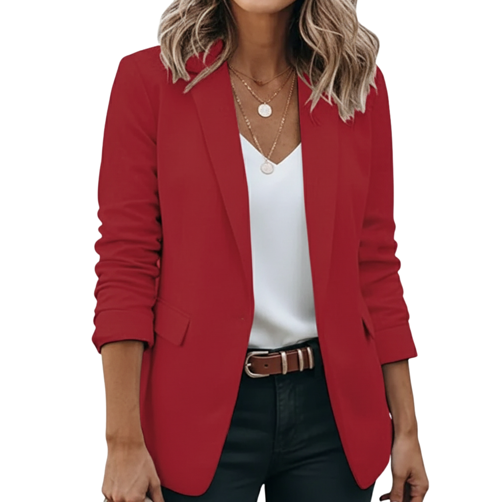 Tailored Open Front Blazer, Structured Collar, Notched Lapel, Lightly Gathered Sleeves, Hip Length Casual Jacket