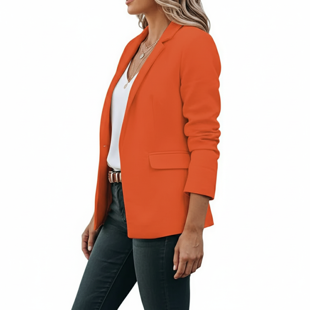 Tailored Open Front Blazer, Structured Collar, Notched Lapel, Lightly Gathered Sleeves, Hip Length Casual Jacket