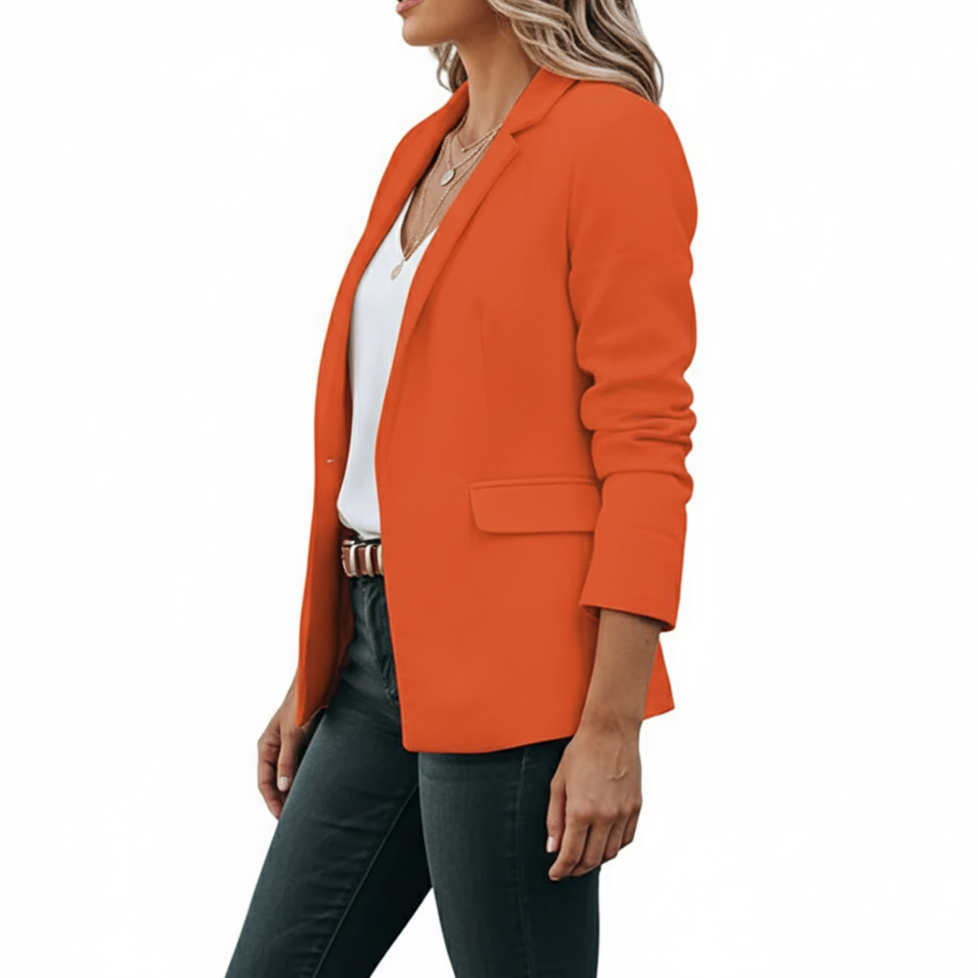 Tailored Open Front Blazer, Structured Collar, Notched Lapel, Lightly Gathered Sleeves, Hip Length Casual Jacket