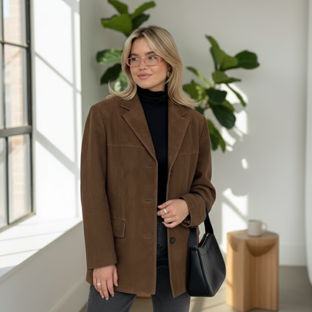 Fall Suede Buttoned Jacket | Tailored Straight-Cut Jacket with Long Sleeves & Pointed Collar, Ideal for Layering in Autumn Tones, Seasonal Outerwear