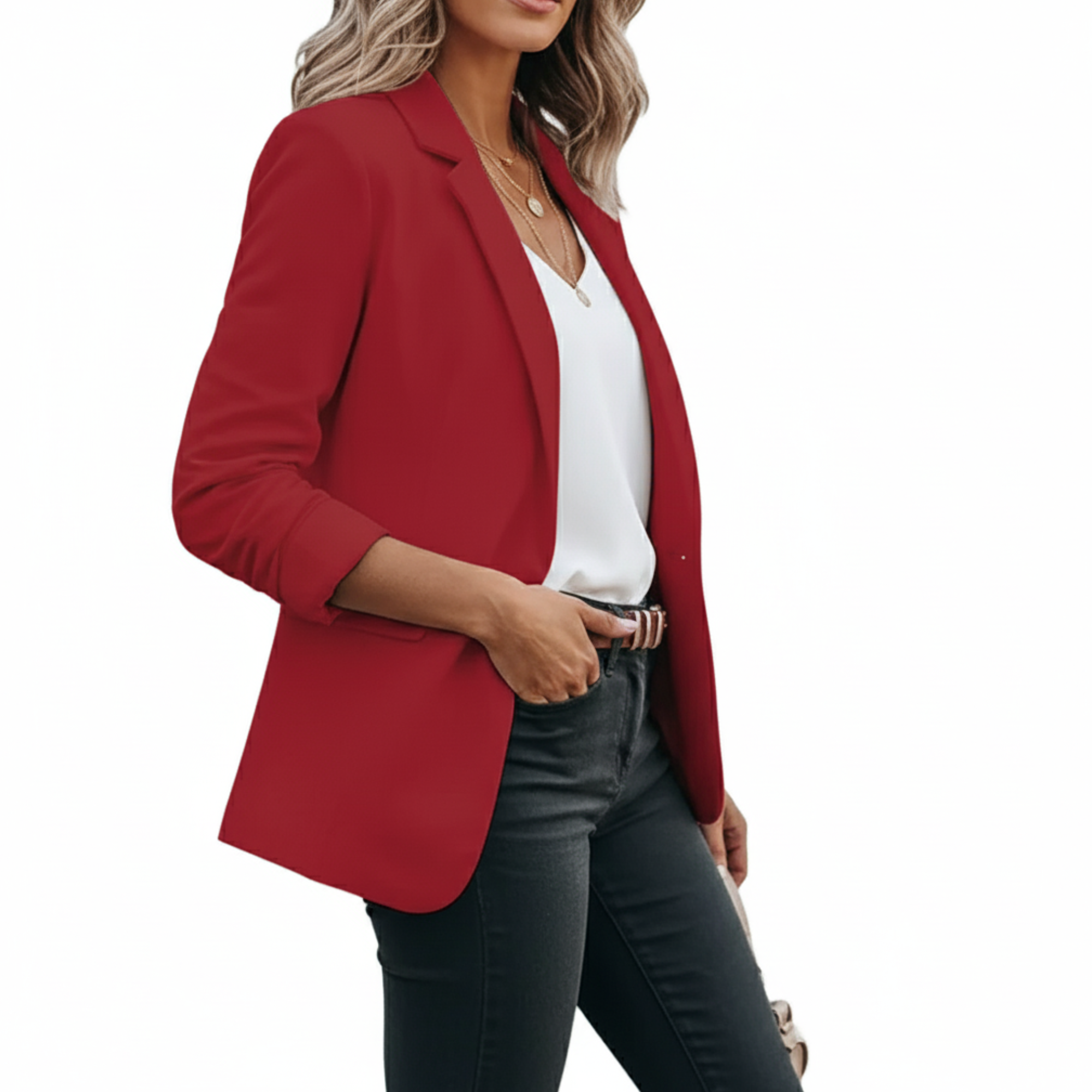 Tailored Open Front Blazer, Structured Collar, Notched Lapel, Lightly Gathered Sleeves, Hip Length Casual Jacket