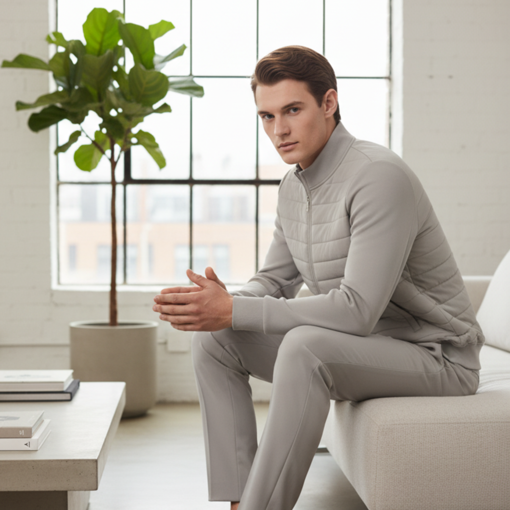 Men's Premium Hybrid Puffer Jacket, Slim Fit Quilted Front with Soft-Touch Jersey Sleeves, Ribbed Funnel Neck, Lightweight & Breathable, Ideal for City & Weekend