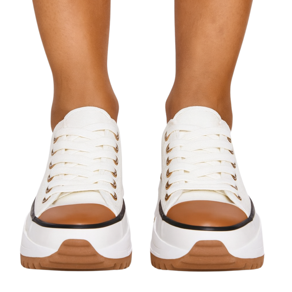 Lug Sole Platform Sneakers for Women | Chunky Low-Top Lace-Up Sneakers with Ridged Sole, Contrast Stitching & Metallic Eyelets, Casual Fashion Shoes