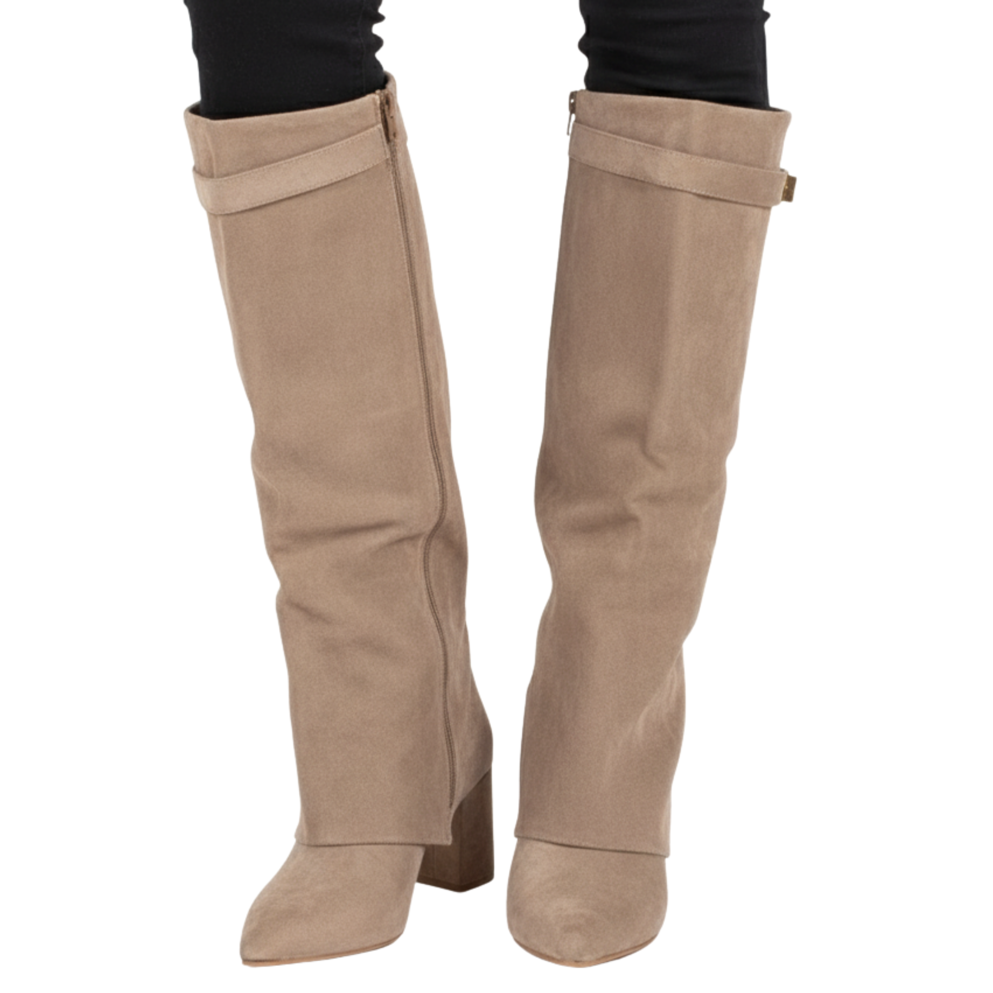 Fall Wide-Leg Tall Boots | Faux Suede Pointed Toe with Side Zipper & Minimal Strap Detail, Trendy Autumn Footwear