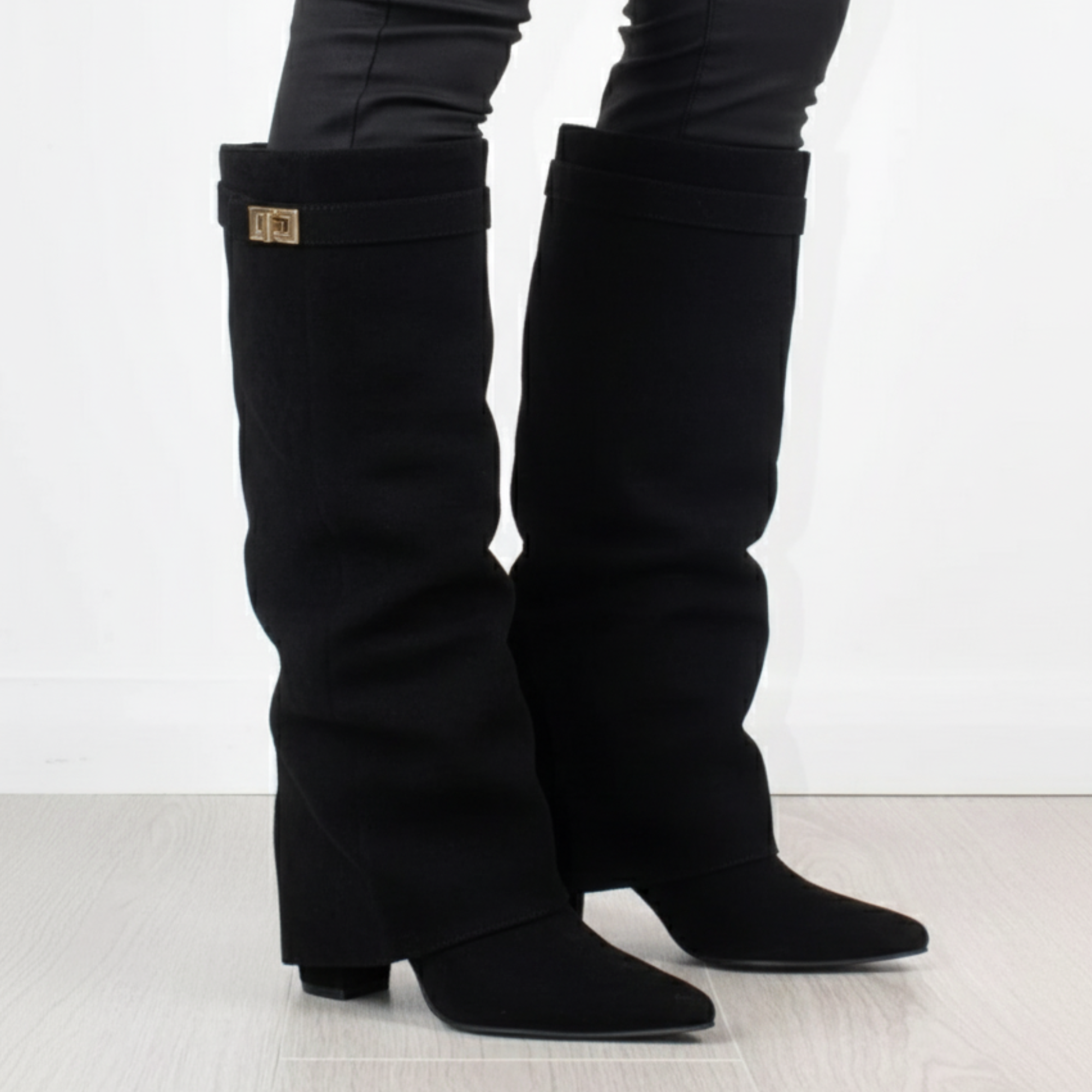 Fall Wide-Leg Tall Boots | Faux Suede Pointed Toe with Side Zipper & Minimal Strap Detail, Trendy Autumn Footwear