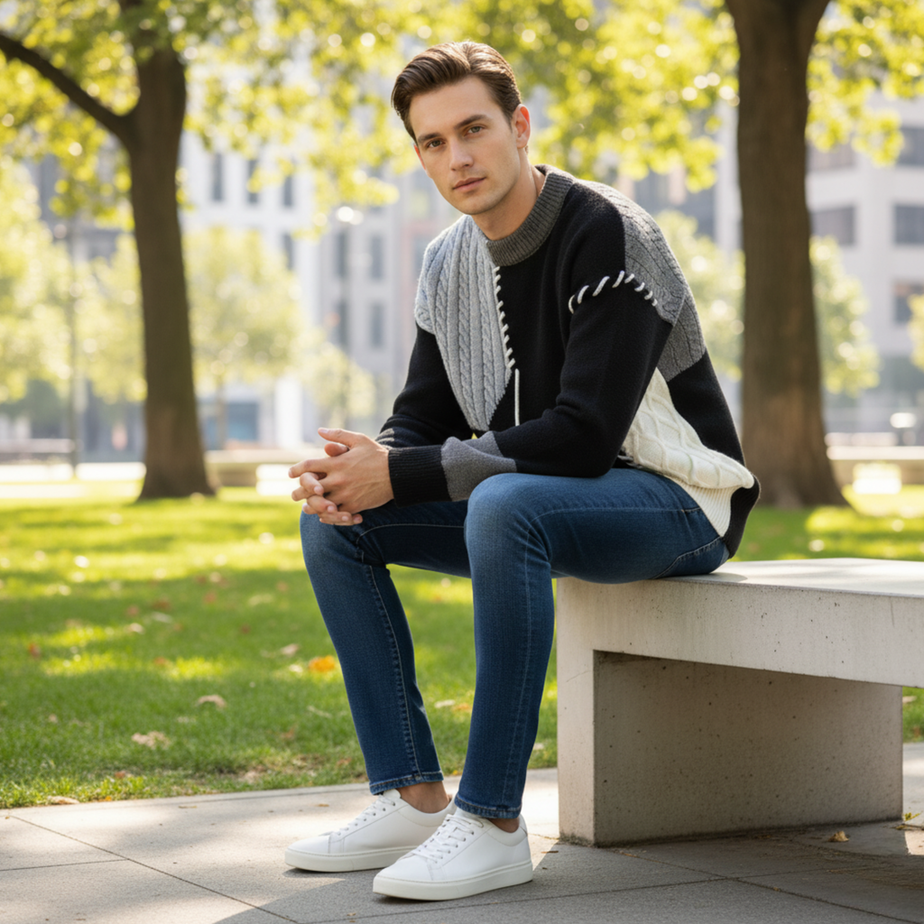 Handmade Funky Patchwork Sweater, Eclectic Patterned Acrylic Knit, Cozy O-Neck Design, Winter Statement Piece for Unique Style and Warmth