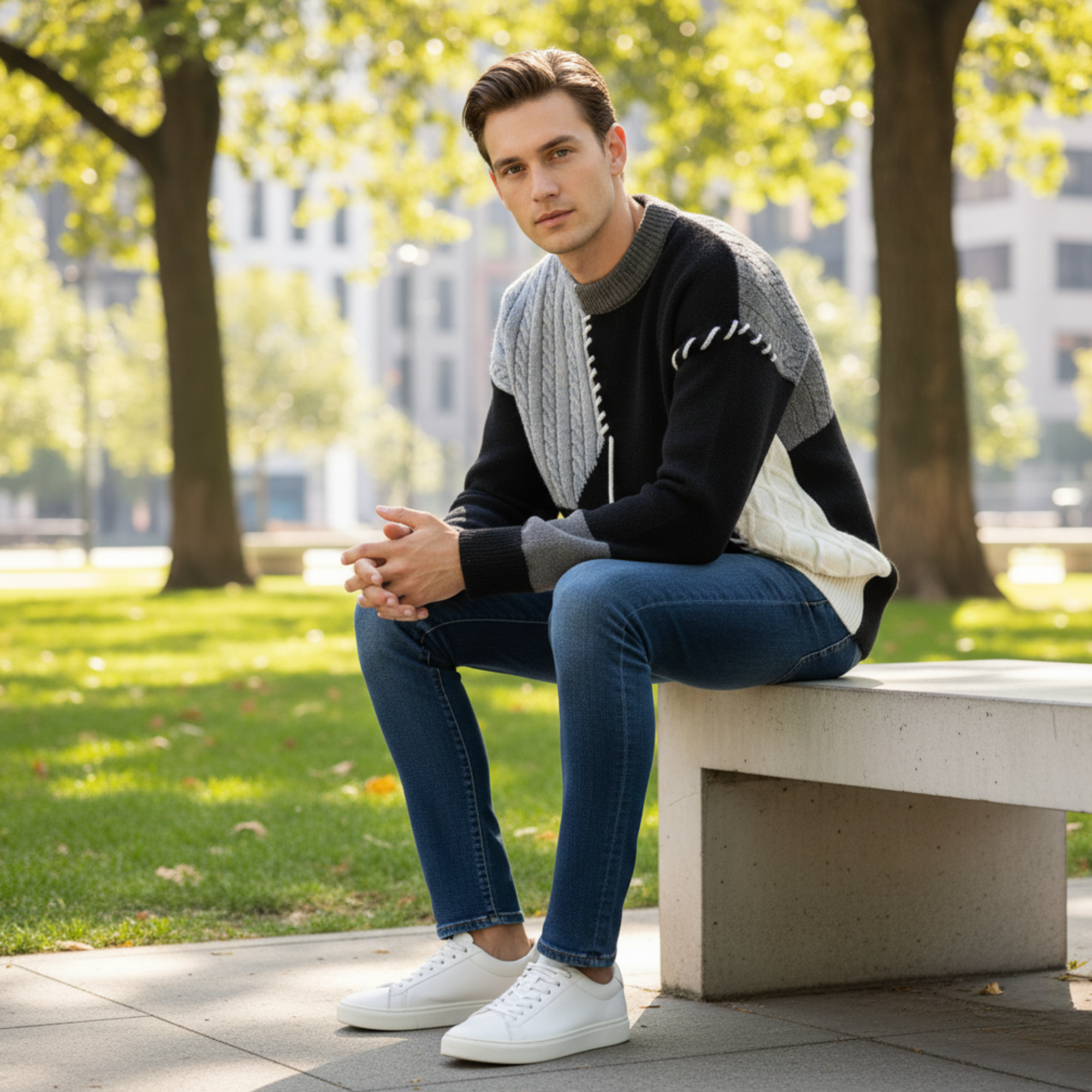 Handmade Funky Patchwork Sweater, Eclectic Patterned Acrylic Knit, Cozy O-Neck Design, Winter Statement Piece for Unique Style and Warmth